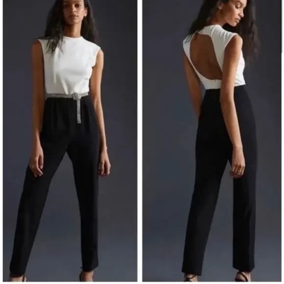 NWT HUTCH Anthropologie Black & White Open Back Jumpsuit - Size 0 - Picture 1 of 11